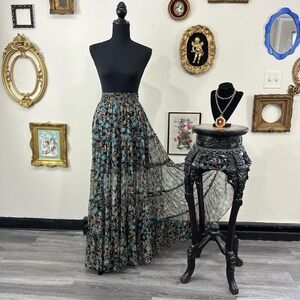 MISA Los Angeles Boho Floral Tiered Maxi Skirt Black Teal Sheer Chiffon